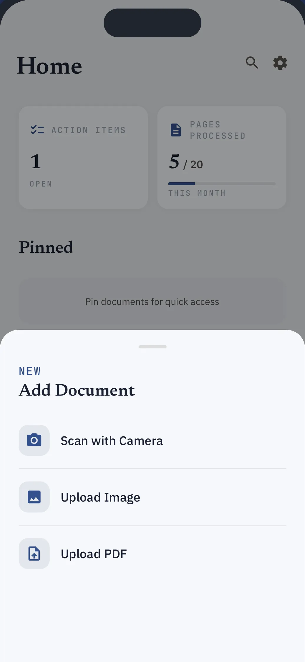 The Add Document sheet: Scan with Camera, Upload Image, Upload PDF.