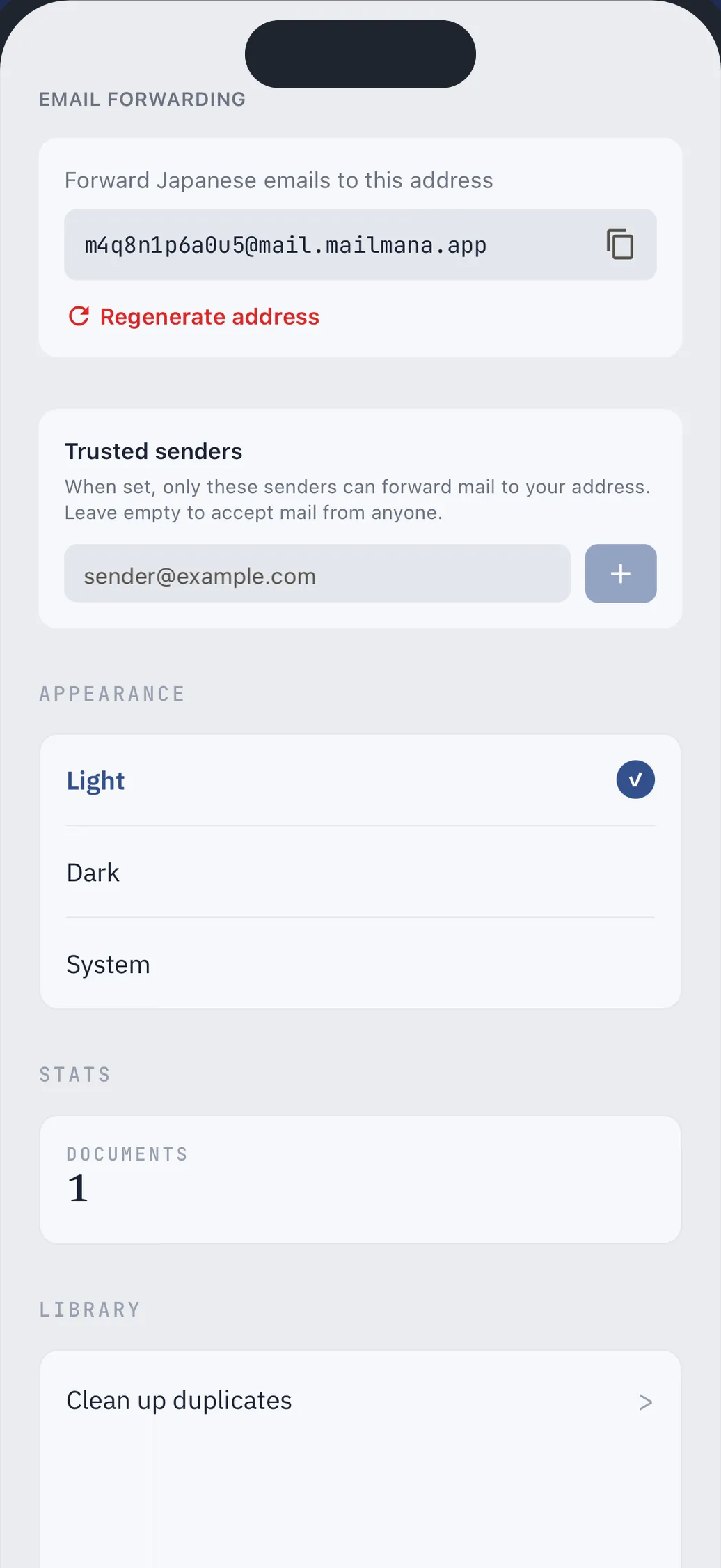 The Email Forwarding settings with a private address and a Trusted senders list.